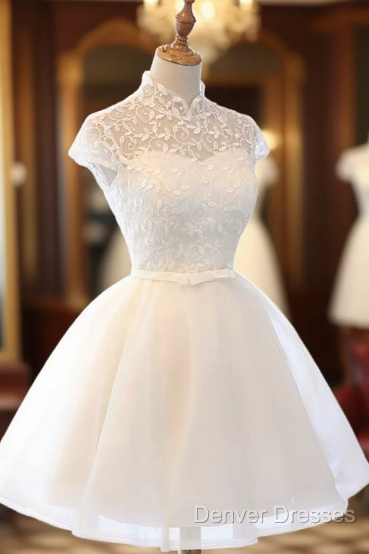 Cute White Tulle Short Lace Cap Sleeves Party Dress, White Homecoming Dress Main image