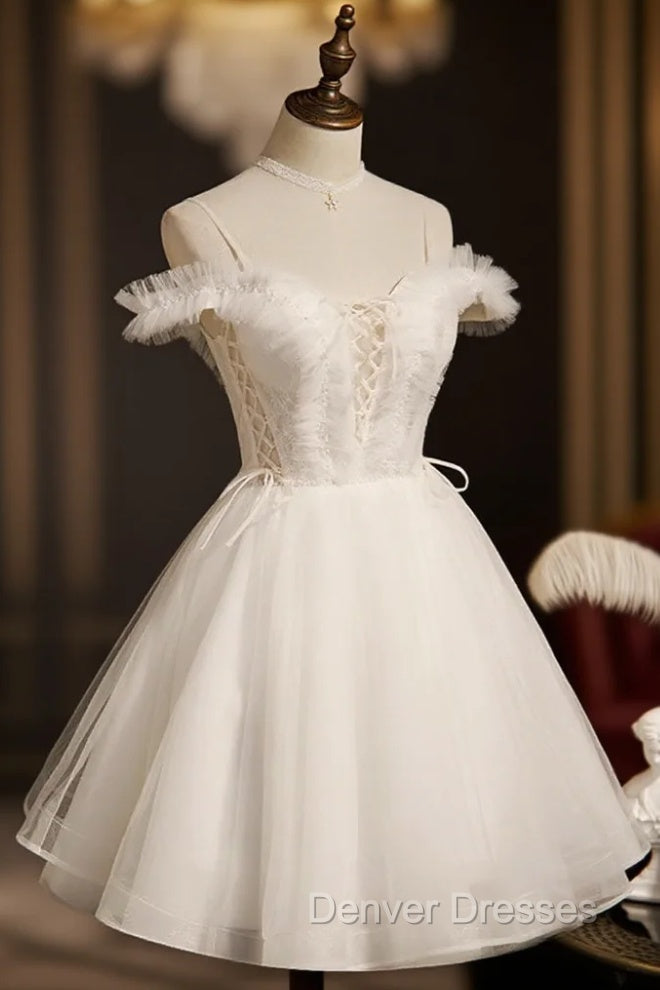 Cute White Tulle Short Party Dress with Lace, Off Shoulder Homecoming Dress Main image