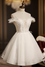 Cute White Tulle Short Party Dress with Lace, Off Shoulder Homecoming Dress