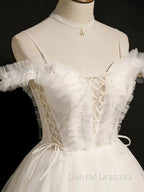 Cute White Tulle Short Party Dress with Lace, Off Shoulder Homecoming Dress
