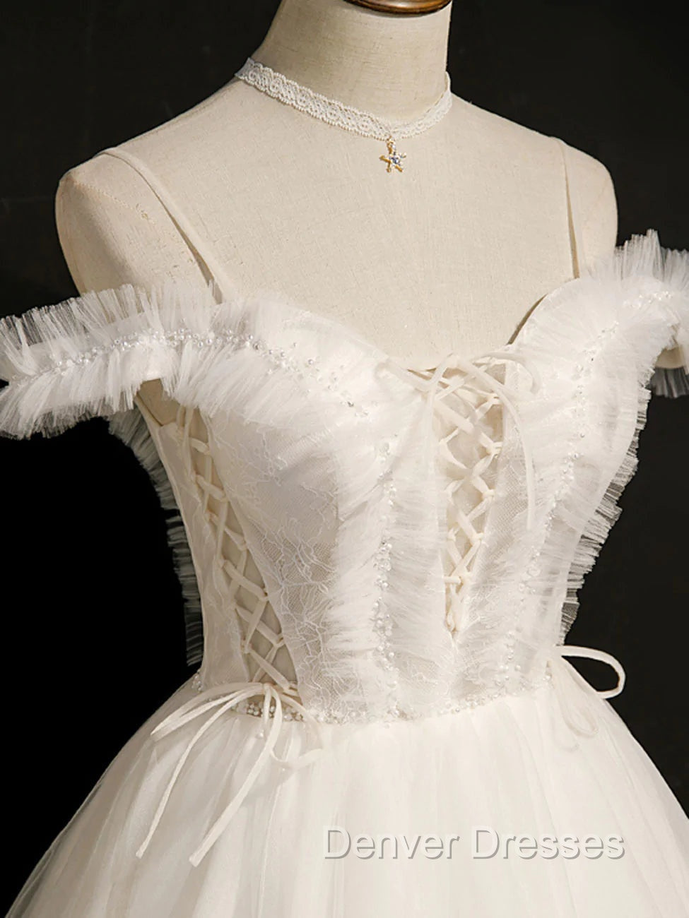 Cute White Tulle Short Party Dress with Lace, Off Shoulder Homecoming Dress