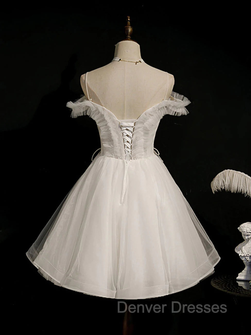 Cute White Tulle Short Party Dress with Lace, Off Shoulder Homecoming Dress