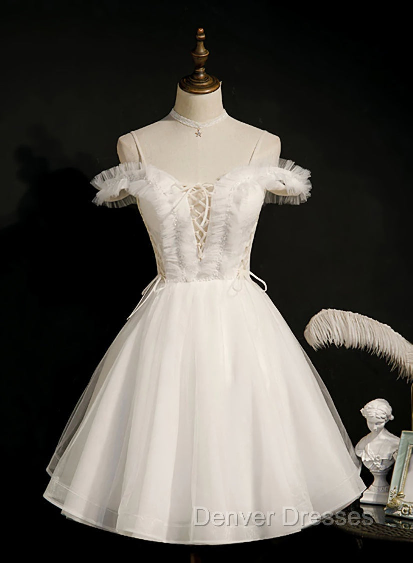 Cute White Tulle Short Party Dress with Lace, Off Shoulder Homecoming Dress Secondary image