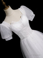 Cute White Tulle Short Sleeves Beaded Party Dress, A-Line White Tulle Formal Dress