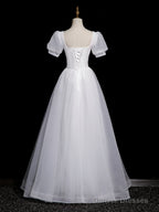 Cute White Tulle Short Sleeves Beaded Party Dress, A-Line White Tulle Formal Dress