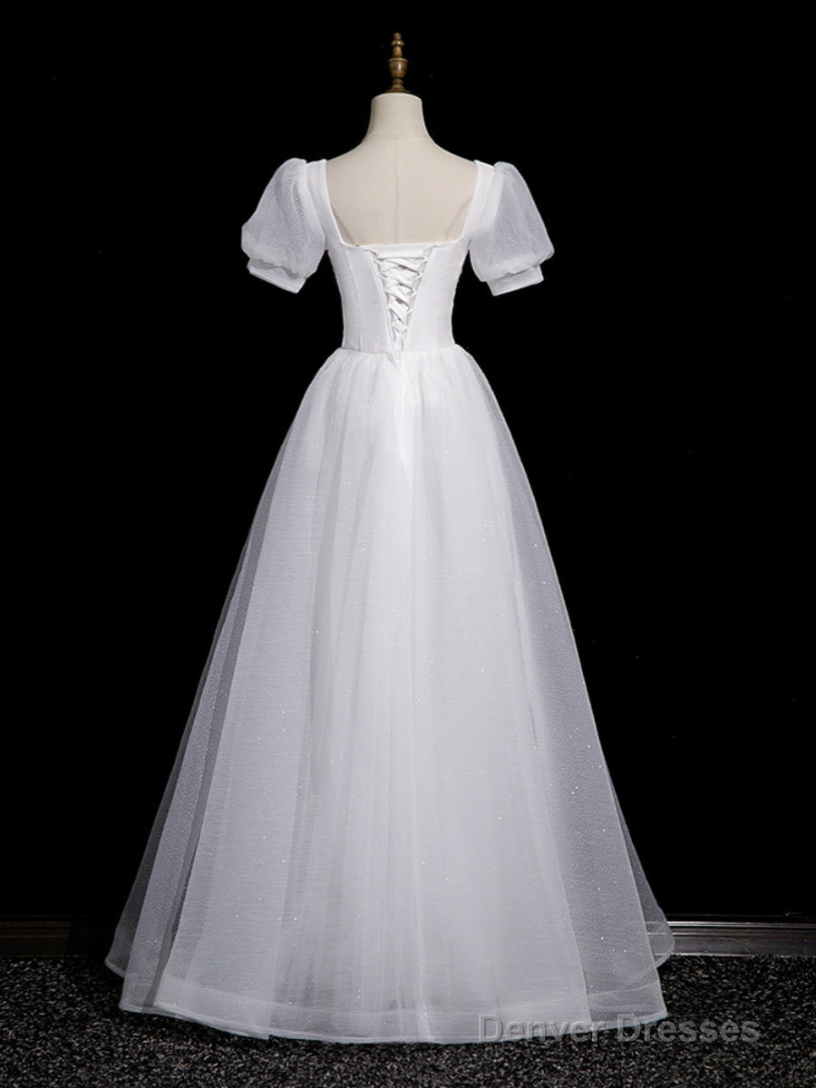 Cute White Tulle Short Sleeves Beaded Party Dress, A-Line White Tulle Formal Dress