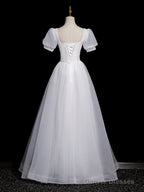 Cute White Tulle Short Sleeves Beaded Party Dress, A-Line White Tulle Formal Dress