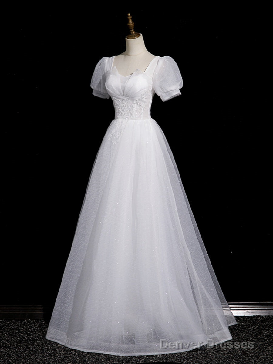 Cute White Tulle Short Sleeves Beaded Party Dress, A-Line White Tulle Formal Dress