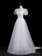 Cute White Tulle Short Sleeves Beaded Party Dress, A-Line White Tulle Formal Dress