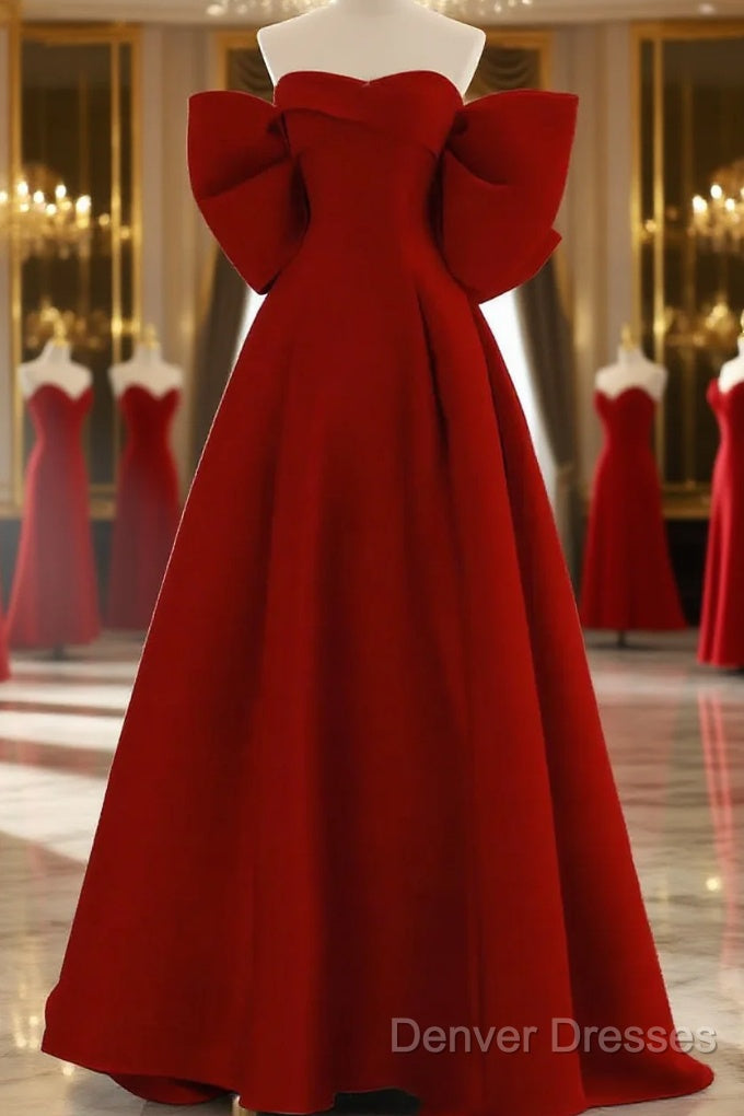 Cute Wine Red Satin Off Shoulder Long Party Dress With Bow, Wine Red Prom Dress Main image