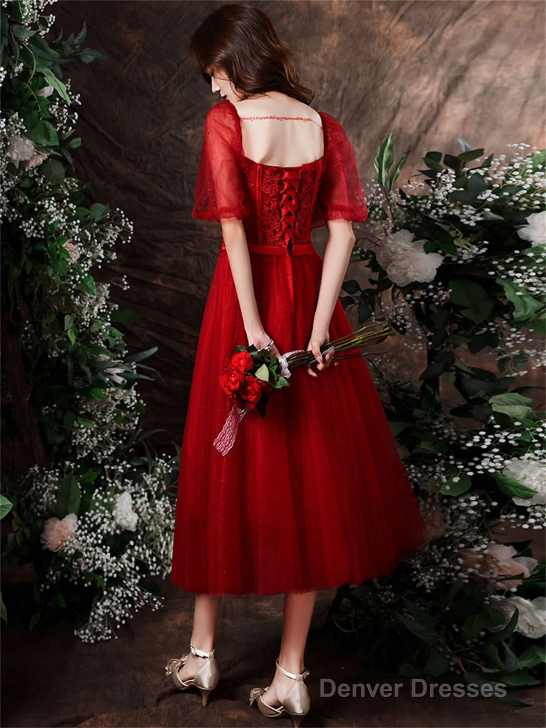 Cute Wine Red Tulle With Lace Tea Length Formal Dress, Wine Red Evening Dresses