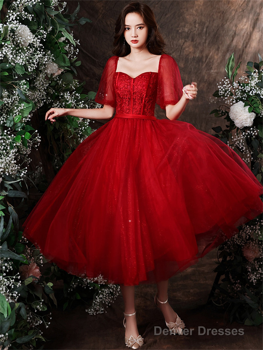 Cute Wine Red Tulle With Lace Tea Length Formal Dress, Wine Red Evening Dresses Main image