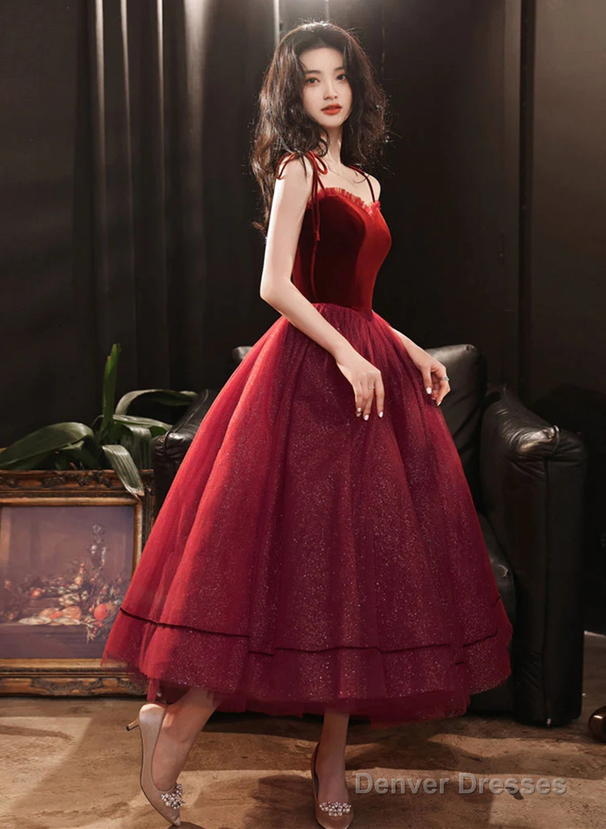 Cute Wine Red Velvet And Tulle Homecoming Dress, Wine Red Straps Party Dress Main image