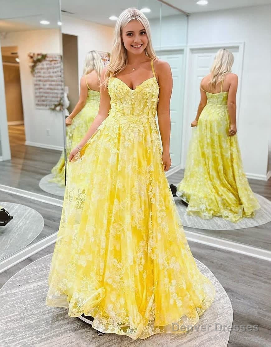 Cute Yellow A-Line Spaghetti Straps Long Prom Dress With Appliques Main image