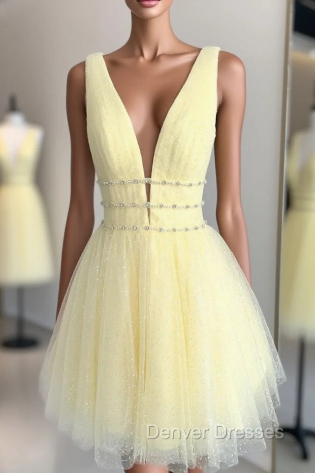 Cute Yellow V Neck Tulle Beads Short Prom Dress Yellow Homecoming Dress Main image