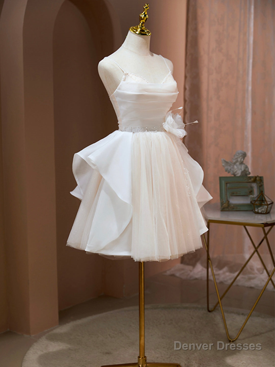 Champagne Spaghetti Strap Tulle Party Dress, Cute Knee Length Prom Dress Secondary image