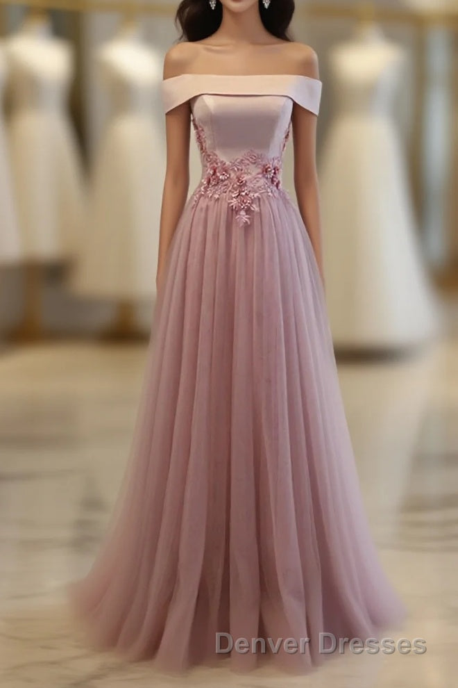 Pink A Line Off Shoulder Floor Length Prom Dress, Lace Evening Dress Main image