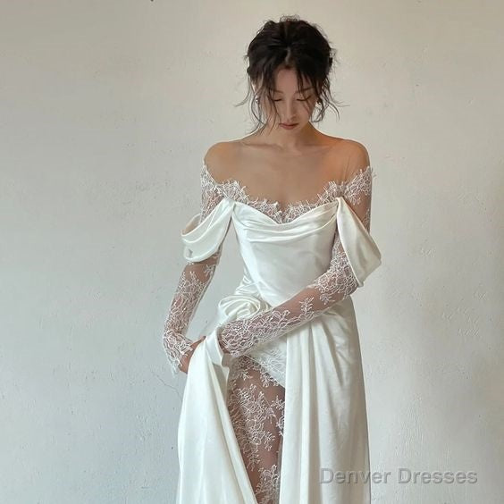 Ivory Lace Satin Wedding Dresses, Off The Shoulder Bridal Dresses