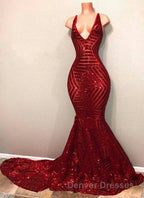 Red Sequins Shiny V-Neck Mermaid Long Prom Dress