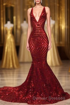 Red Sequins Shiny V-Neck Mermaid Long Prom Dress