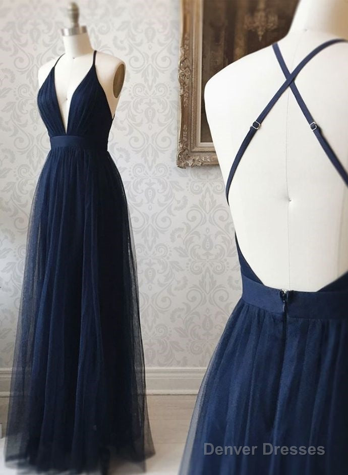 D1351,Sexy Prom Dresses,Halter V Neck Evening Dresses,Navy Blue Prom Dress,Blue School Event Dress Main image