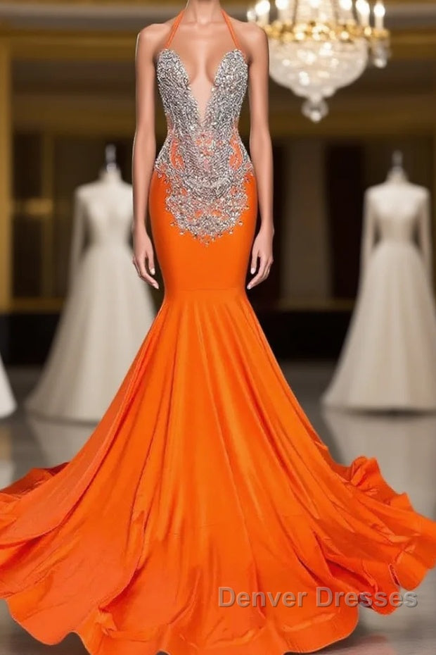 Sleeveless V-Neck Halter Mermaid Prom Dress With Beadings Main image