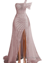 One-Shoulder Beading Sweep Train Backless Evening Dress