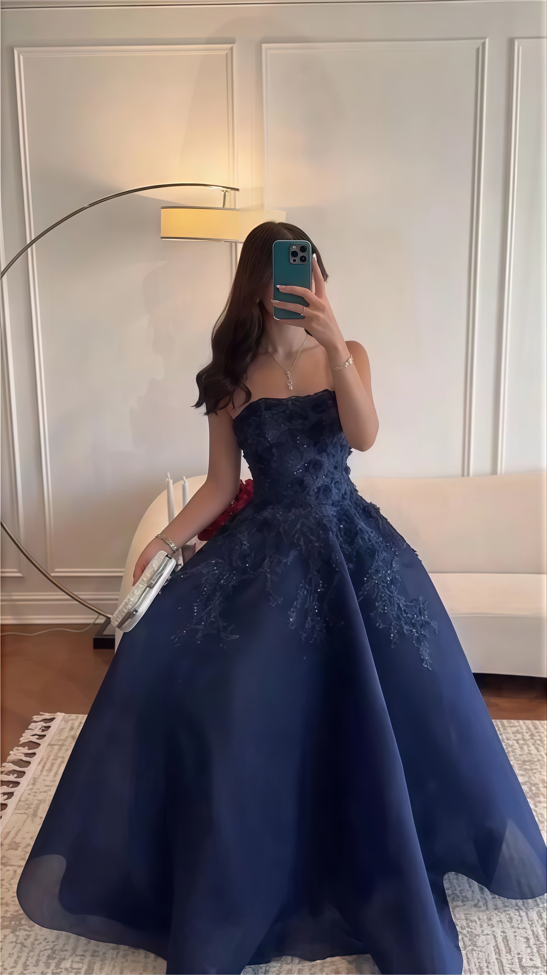 Dark Blue A-Line Prom Dress Strapless Applique Evening Dance Dress Secondary image