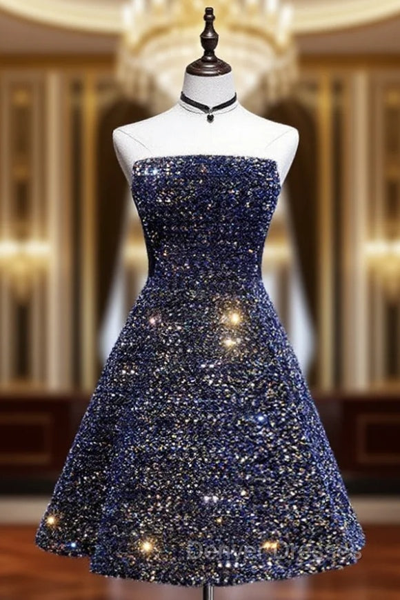 Dark Blue A-Line Sequin Lace Short Prom Dress, Blue Homecoming Dress