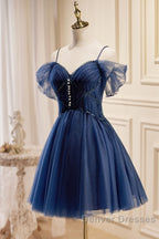 Dark Blue A-Line Short Prom Dress, Dark Blue Homecoming Dress