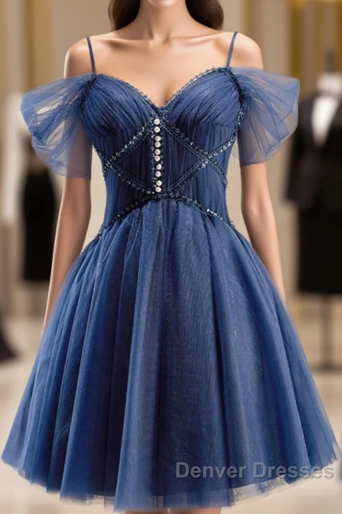 Dark Blue A-Line Short Prom Dress, Dark Blue Homecoming Dress