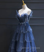 Dark Blue A Line Strapless Beaded Tulle Long Senior Prom Dress Evening Party Dress