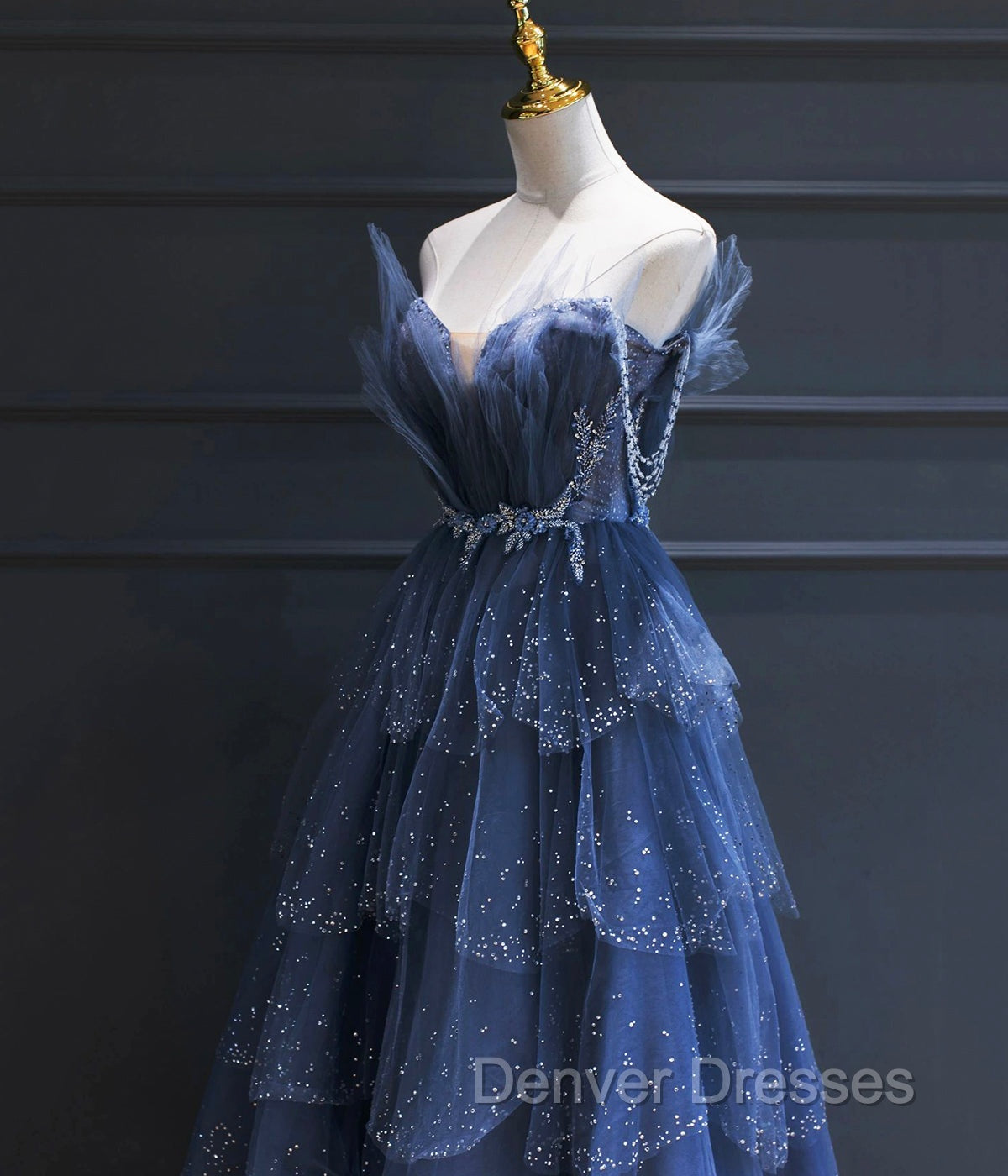 Dark Blue A Line Strapless Beaded Tulle Long Senior Prom Dress Evening Party Dress