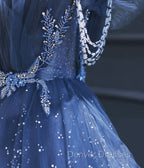 Dark Blue A Line Strapless Beaded Tulle Long Senior Prom Dress Evening Party Dress