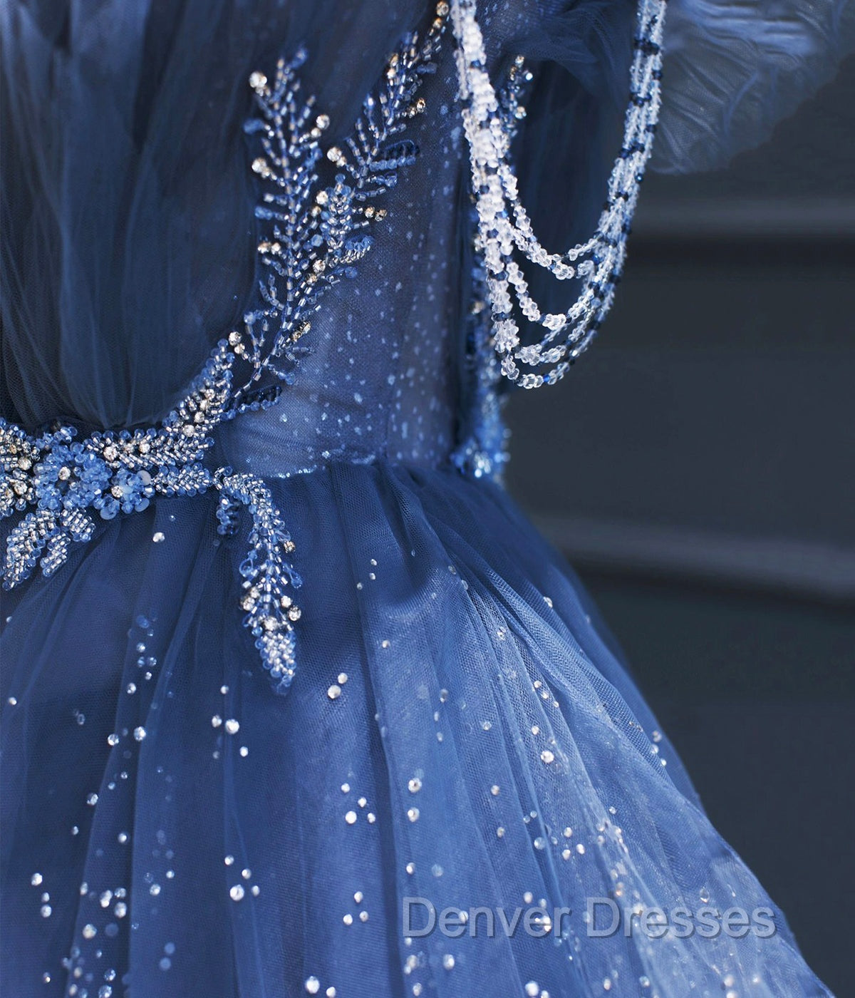 Dark Blue A Line Strapless Beaded Tulle Long Senior Prom Dress Evening Party Dress