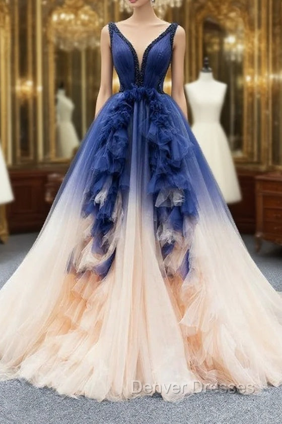 Dark Blue And Champagne Tulle V-neck Backless Beading Prom Dress