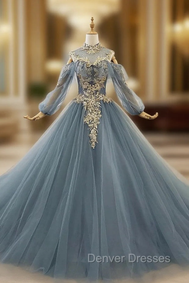 Dark Blue Ball Gown Tulle High Neck Long Sleeve Sequins Wedding Dress Main image