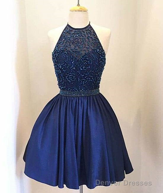 Dark Blue Beaded Short Prom Dress, Homecoming Dress