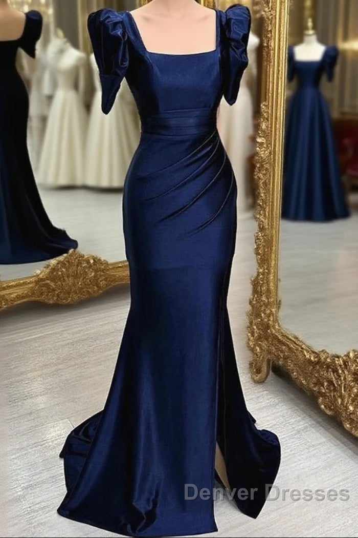 Dark Blue Blue Long Mermaid Prom Dress With Slit, Dark Blue Party Dress