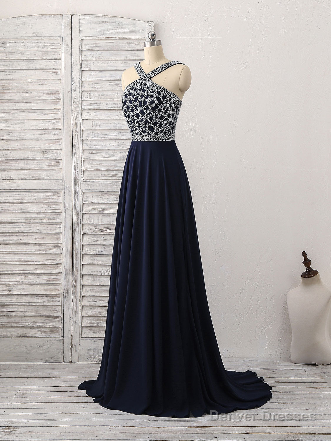 Dark Blue Chiffon Beads Long Prom Dress, Blue Evening Dress Main image