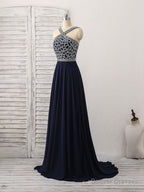 Dark Blue Chiffon Beads Long Prom Dress, Blue Evening Dress