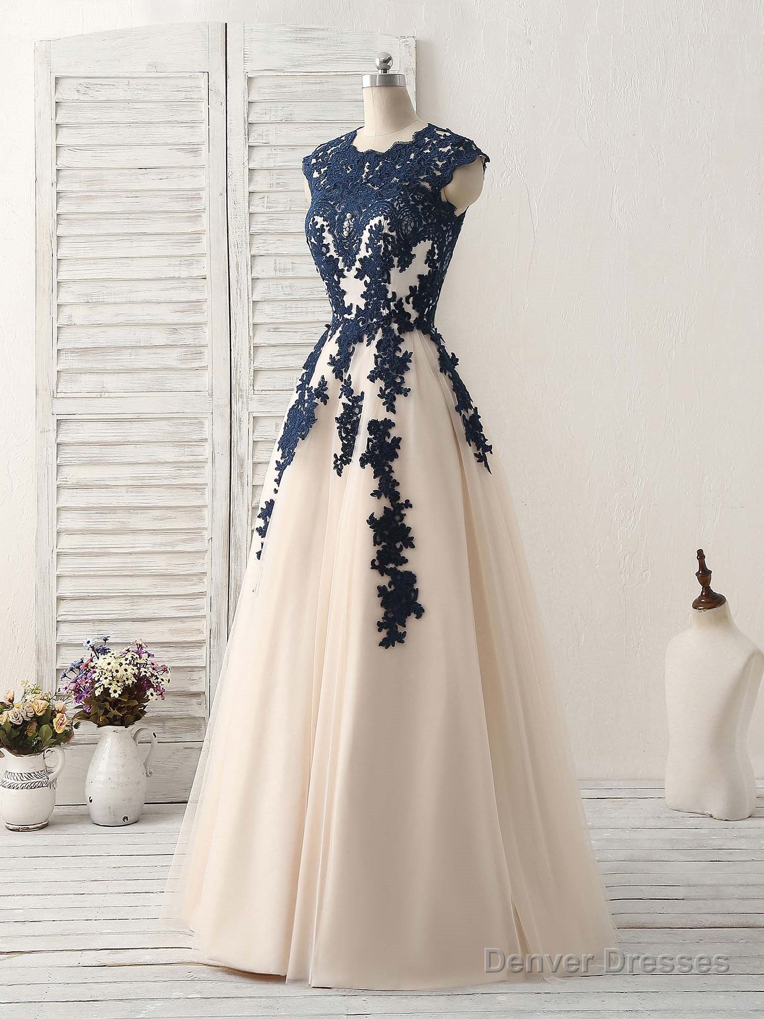 Dark Blue Lace Applique Tulle Long Prom Dress Blue Bridesmaid Dress