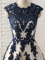 Dark Blue Lace Applique Tulle Long Prom Dress Blue Bridesmaid Dress