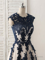 Dark Blue Lace Applique Tulle Long Prom Dress Blue Bridesmaid Dress