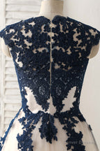 Dark Blue Lace Applique Tulle Long Prom Dress Blue Bridesmaid Dress