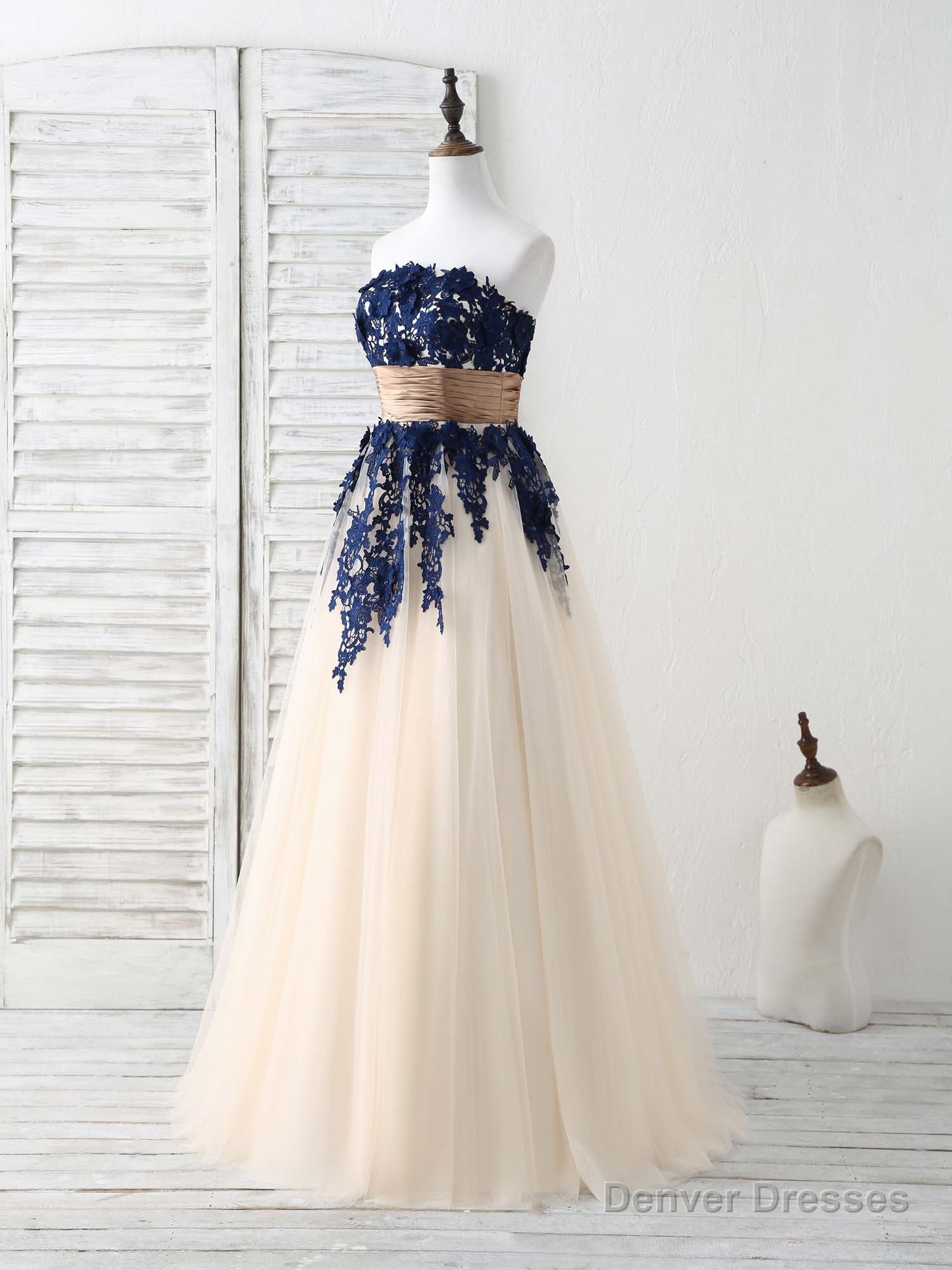 Dark Blue Lace Applique Tulle Long Prom Dress Blue Bridesmaid Dress Main image
