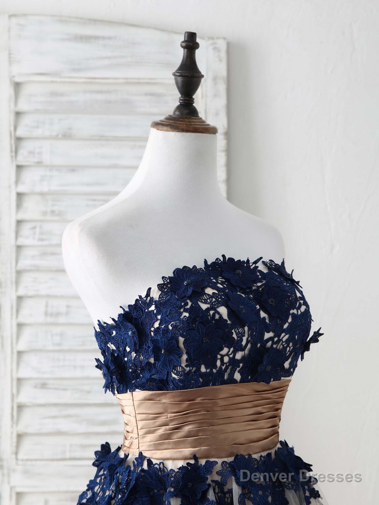 Dark Blue Lace Applique Tulle Long Prom Dress Blue Bridesmaid Dress