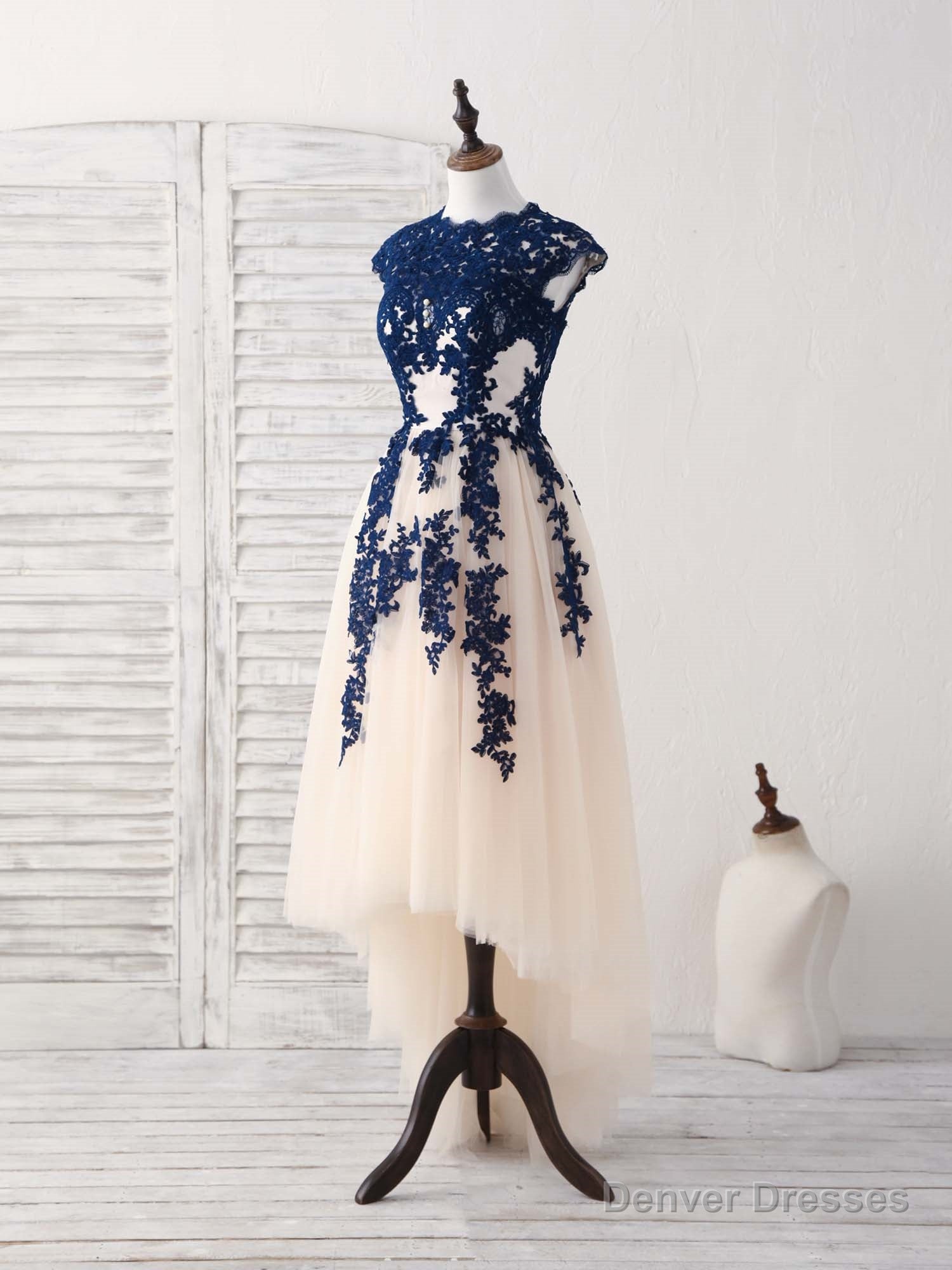 Dark Blue Lace Tulle High Low Prom Dress Blue Bridesmaid Dress Main image