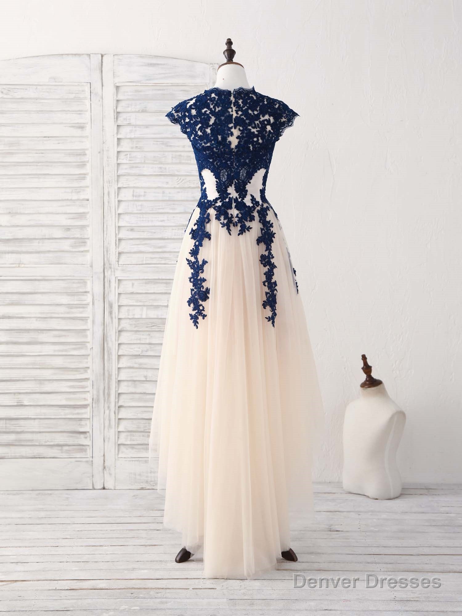 Dark Blue Lace Tulle High Low Prom Dress Blue Bridesmaid Dress