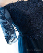 Dark Blue Lace Tulle Long Prom Dress, Lace Evening Dress